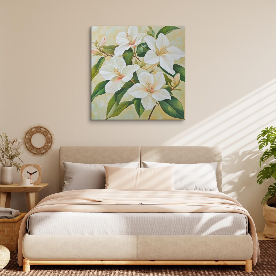 White Hibiscus Blossoms Green Leaves Cream Painting Art Poster - Image 3