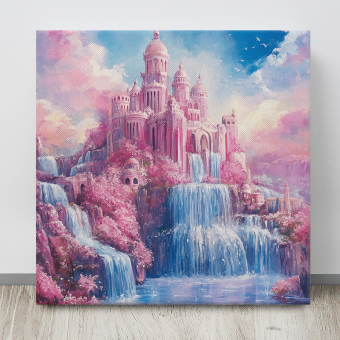 Pink Fairy Tale Castle Waterfalls Cherry Blossom Magic Palace Wall Art - Image 4
