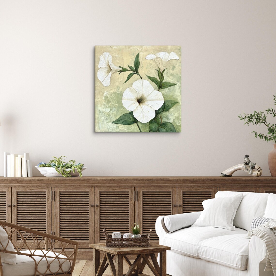 White Petunia Trumpet Blossoms Sage Green Oil Painting Poster - Image 5