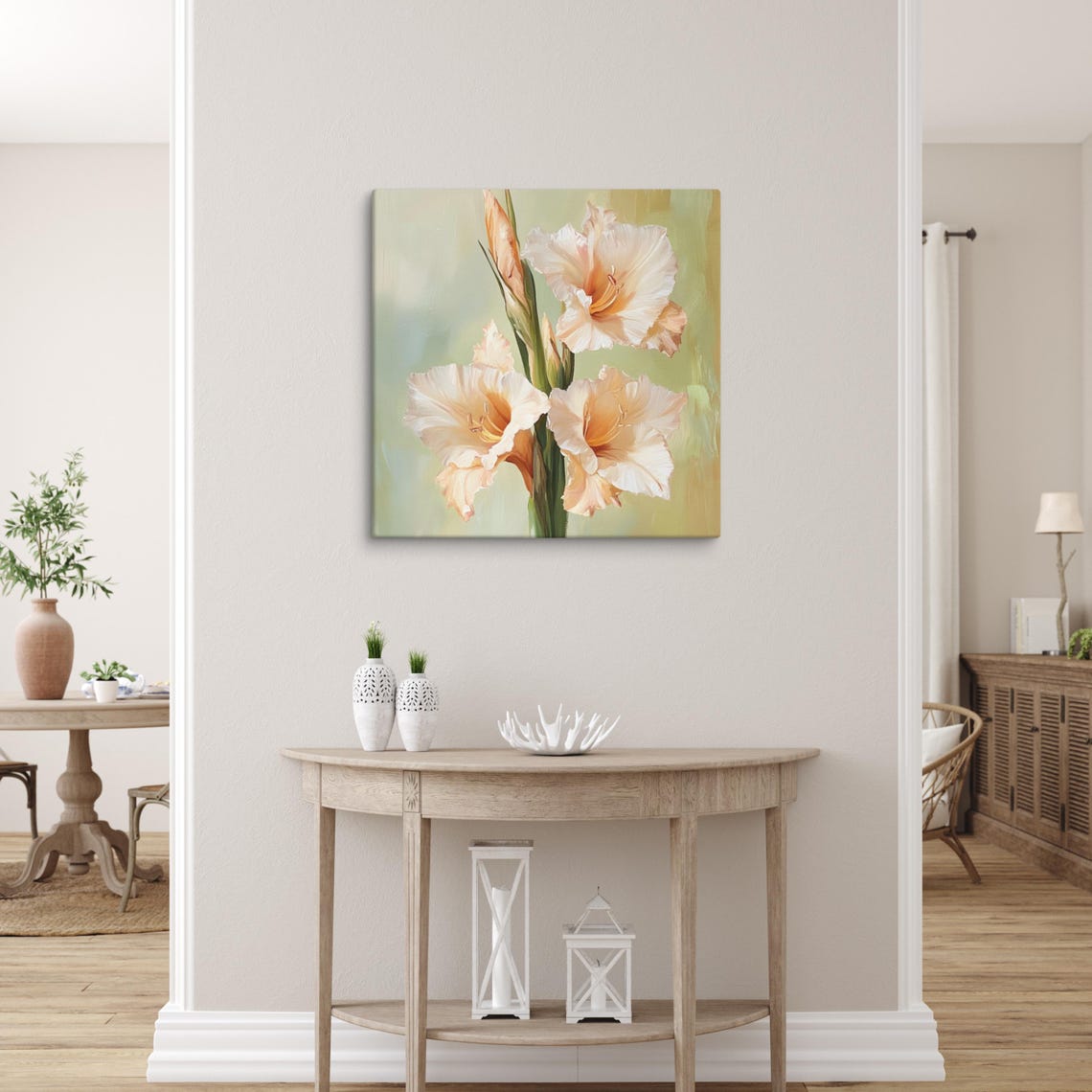 Peach Gladiolus Blooms Tall Spike Sage Green Floral Painting Print - Image 5