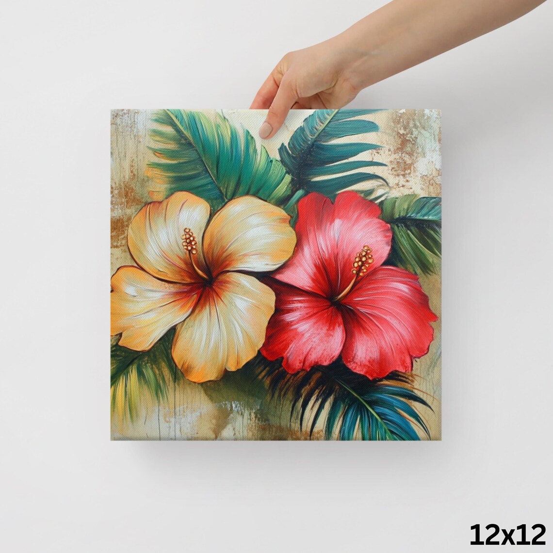 Tropical Hibiscus Red Yellow Flowers Palm Leaves Painting Poster - Image 2