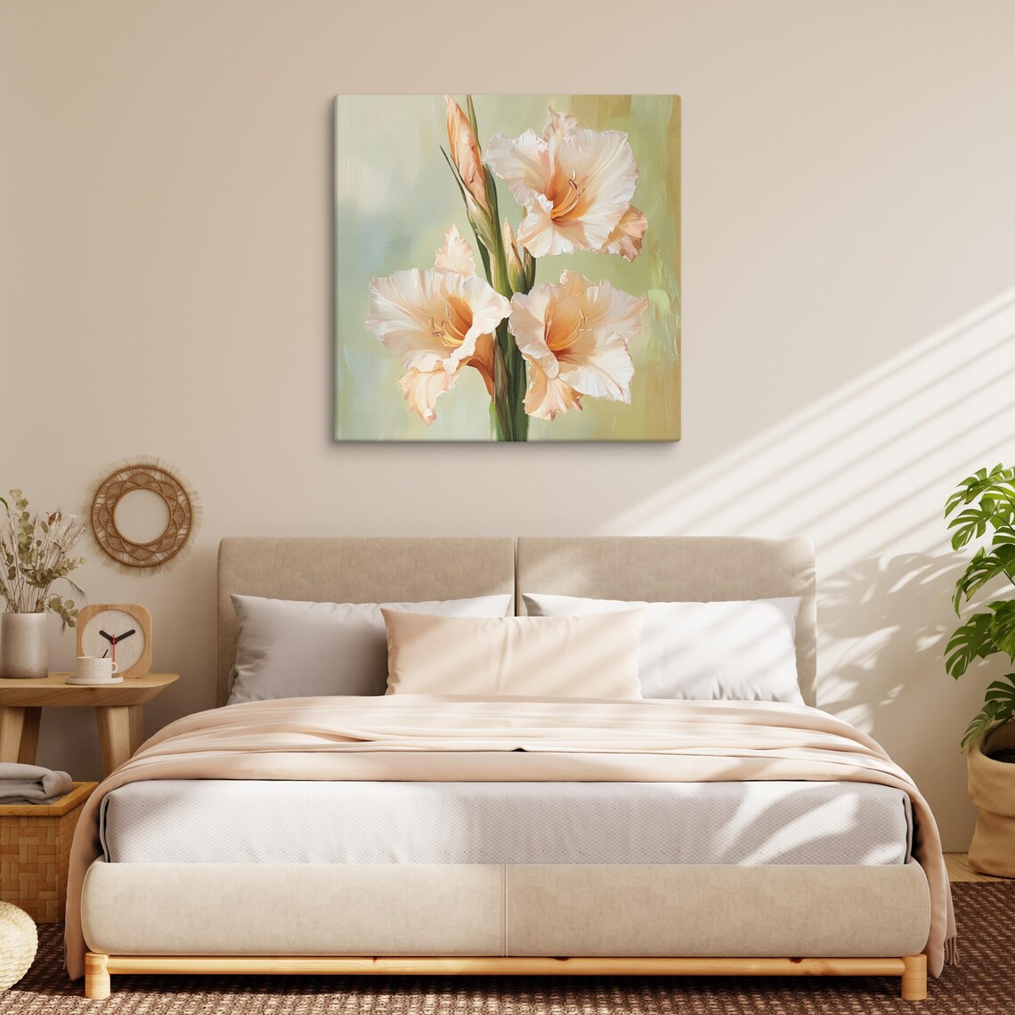 Peach Gladiolus Blooms Tall Spike Sage Green Floral Painting Print - Image 3