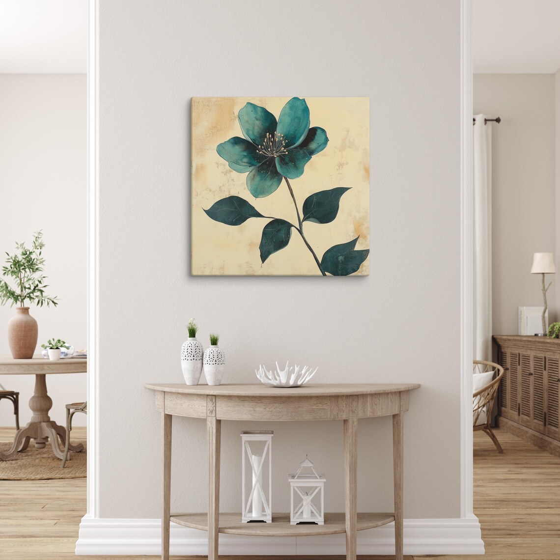 Teal Green Flower Gold Stamens Beige Botanical Painting Wall Art - Image 3