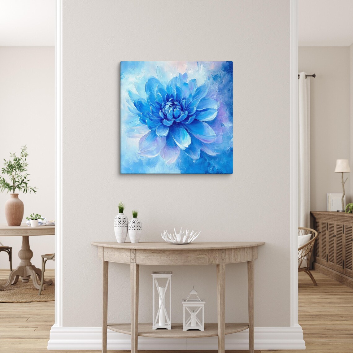 Vivid Blue Dahlia Icy Blue Background Bold Floral Art Poster - Image 5