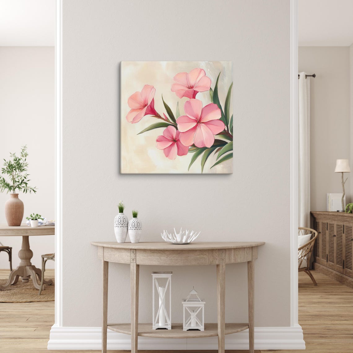 Pink Oleander Blossoms Cluster Cream Background Painting Art Poster - Image 4