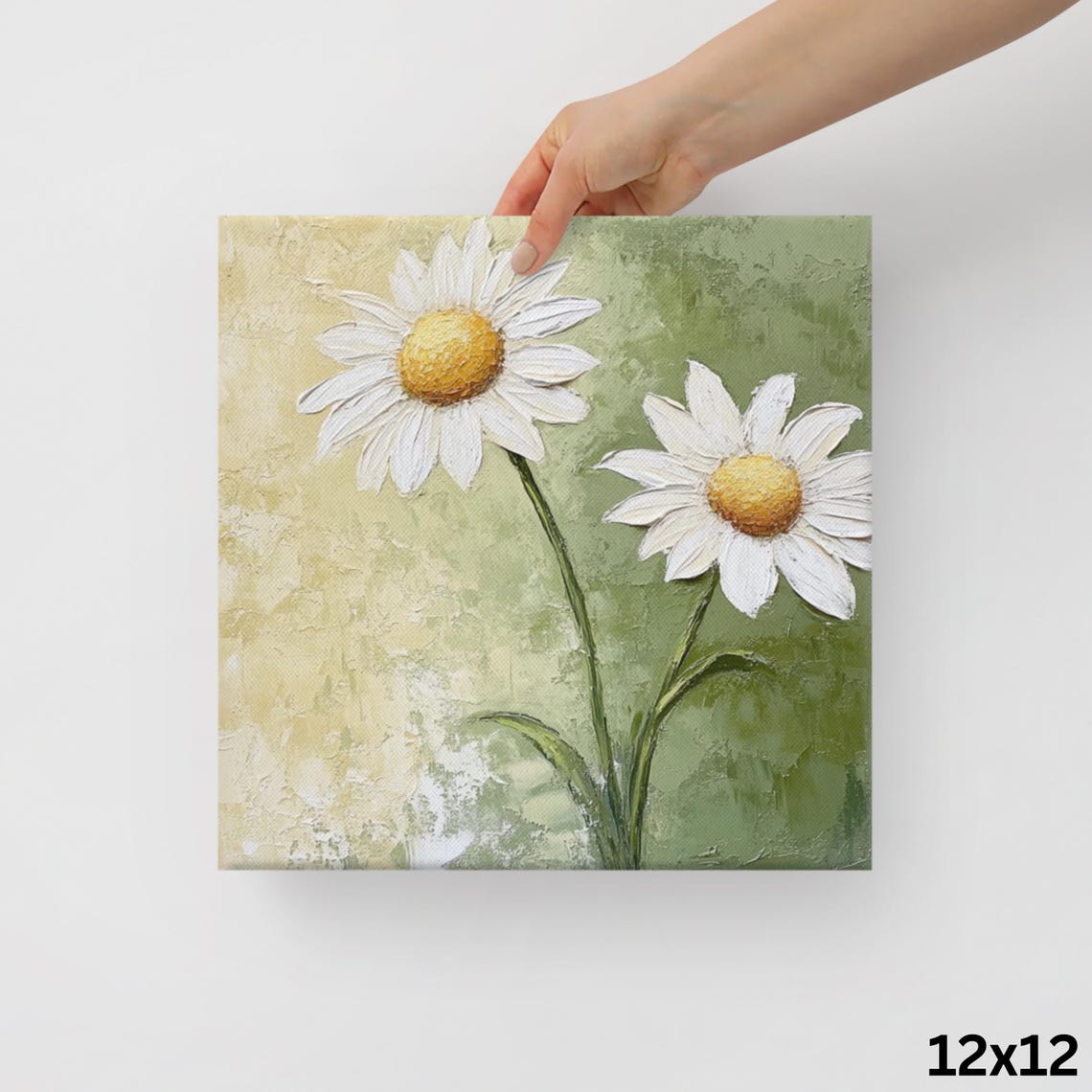 White Daisies Yellow Centers Textured Sage Green Floral Poster - Image 2
