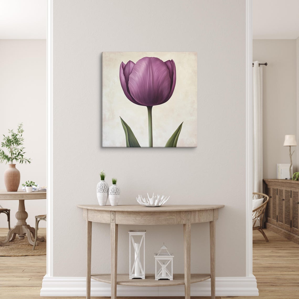 Purple Tulip Tall Single Bloom Cream Botanical Floral Art Poster - Image 3