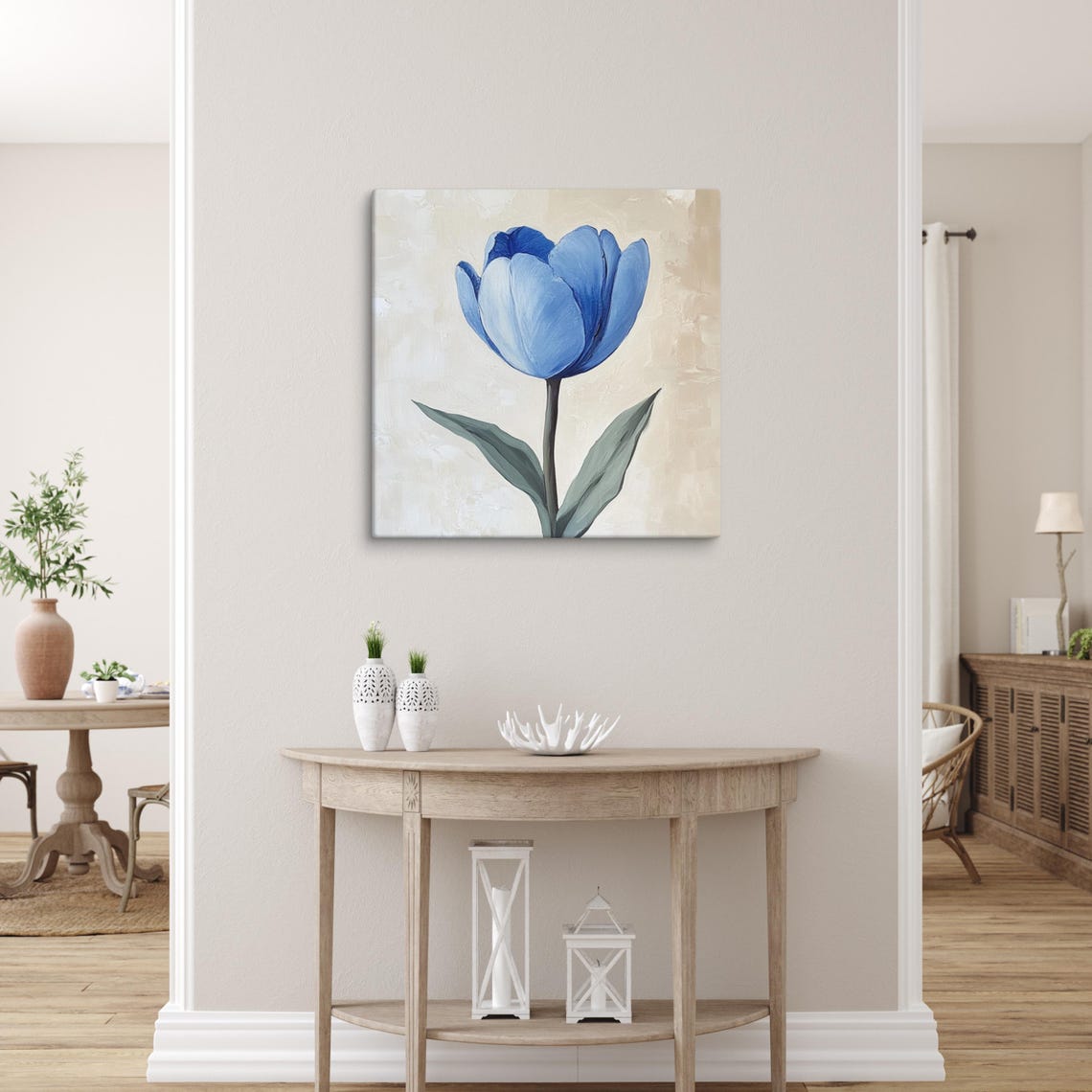 Blue Tulip Single Bloom Gray Leaves Cream Botanical Painting Print - Image 5