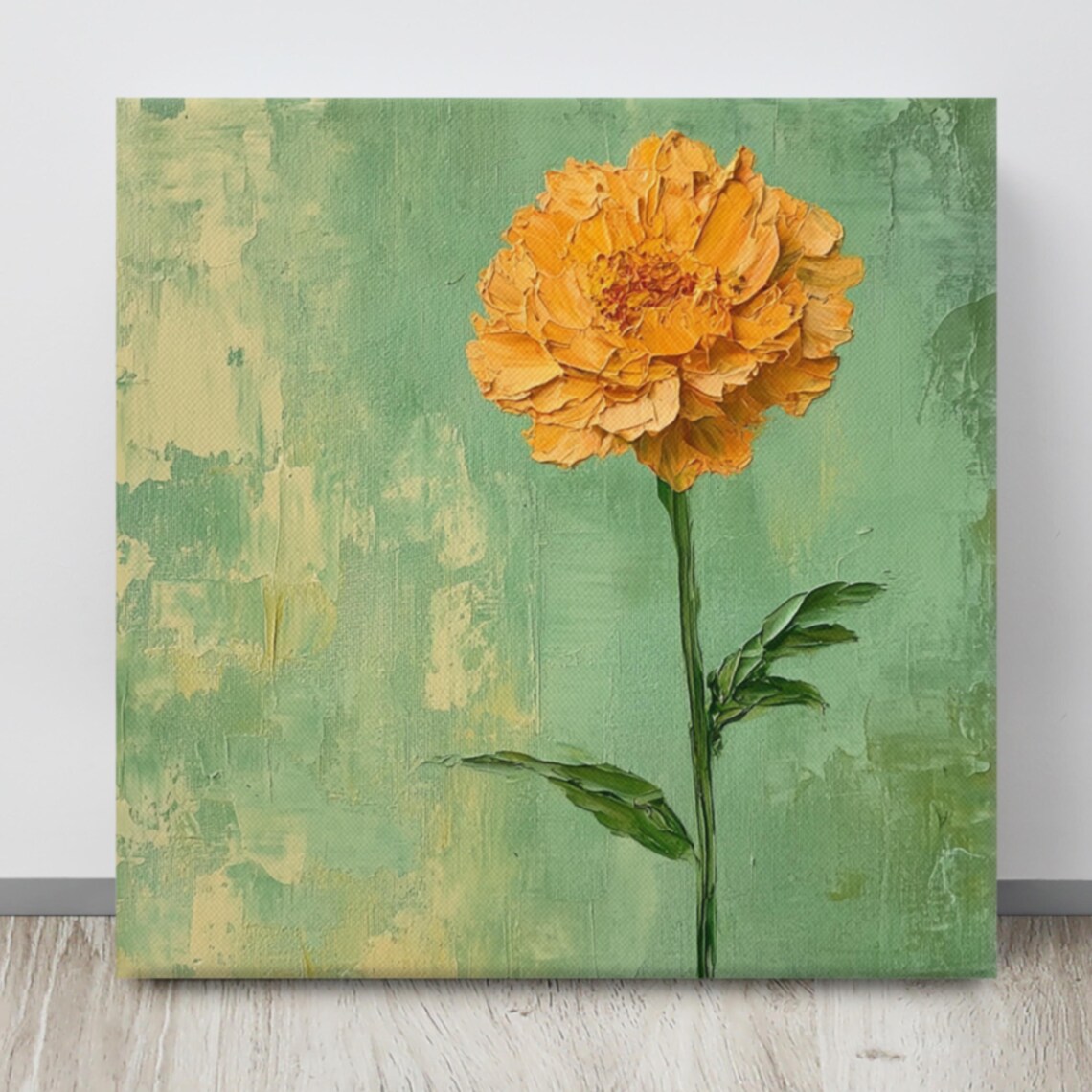 Golden Yellow Marigold Textured Green Background Floral Art Poster - Image 4
