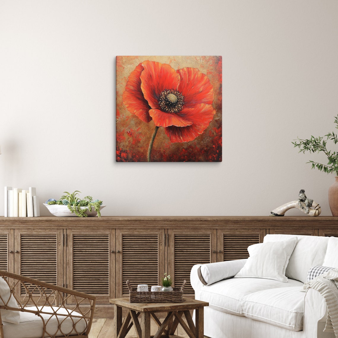 Dramatic Red Poppy Bold Floral Oil Painting Warm Bronze Poster - Image 2