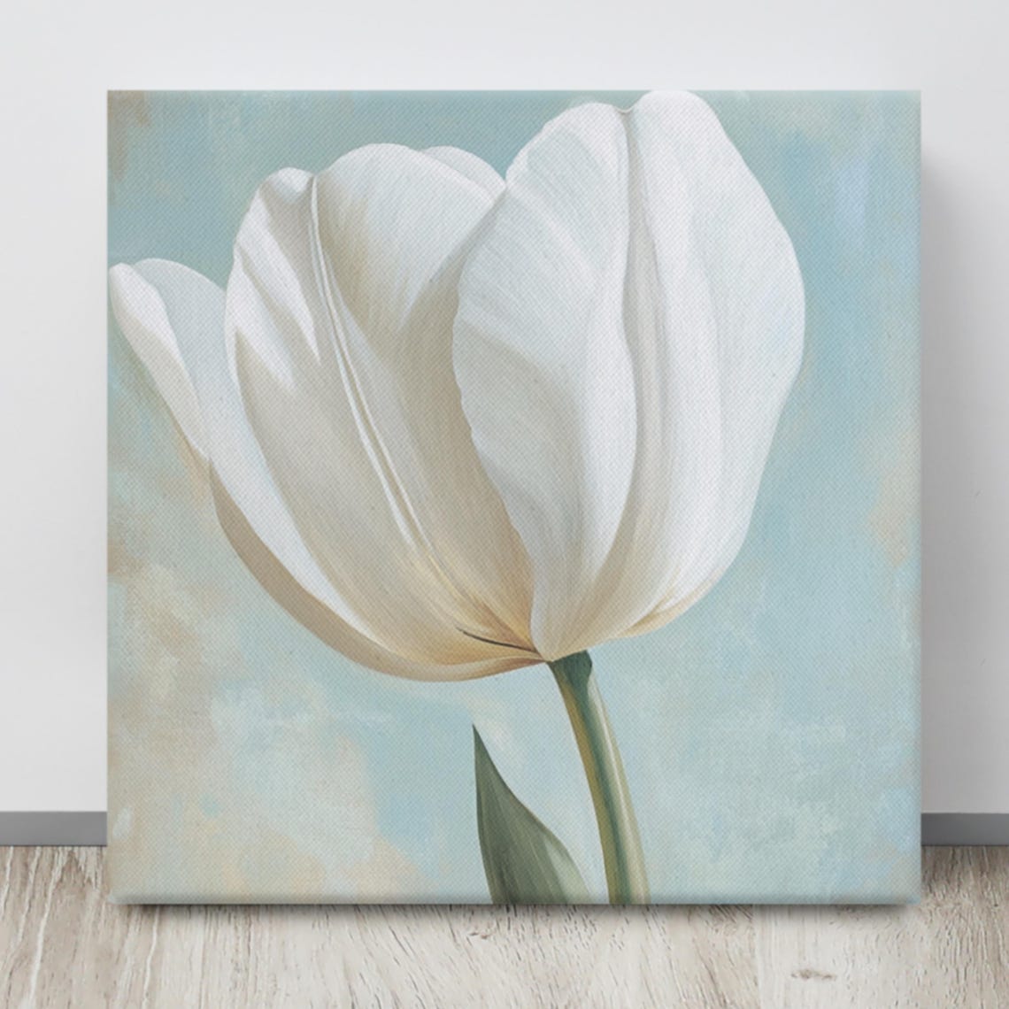 White Tulip Bloom Close-Up Serene Blue Floral Art Wall Poster - Image 4