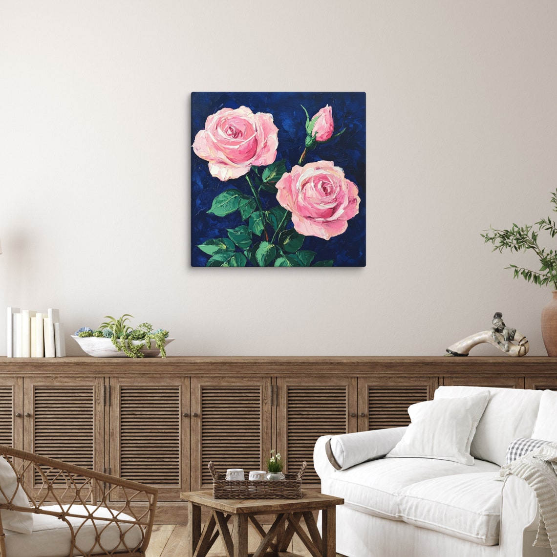 Pink Roses Impasto Oil Blooms Navy Blue Background Art Poster - Image 4
