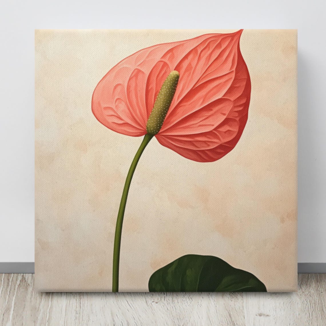 Coral Red Anthurium Laceleaf Flower Minimal Painting Print Poster - Image 4
