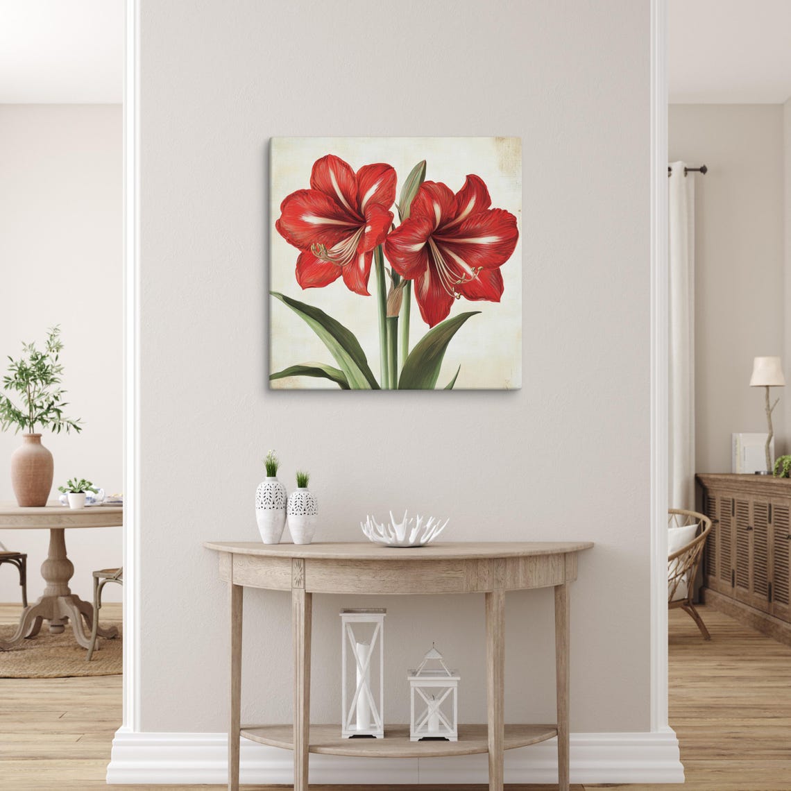Red Amaryllis Blooms Vintage Cream Background Botanical Art Poster - Image 2