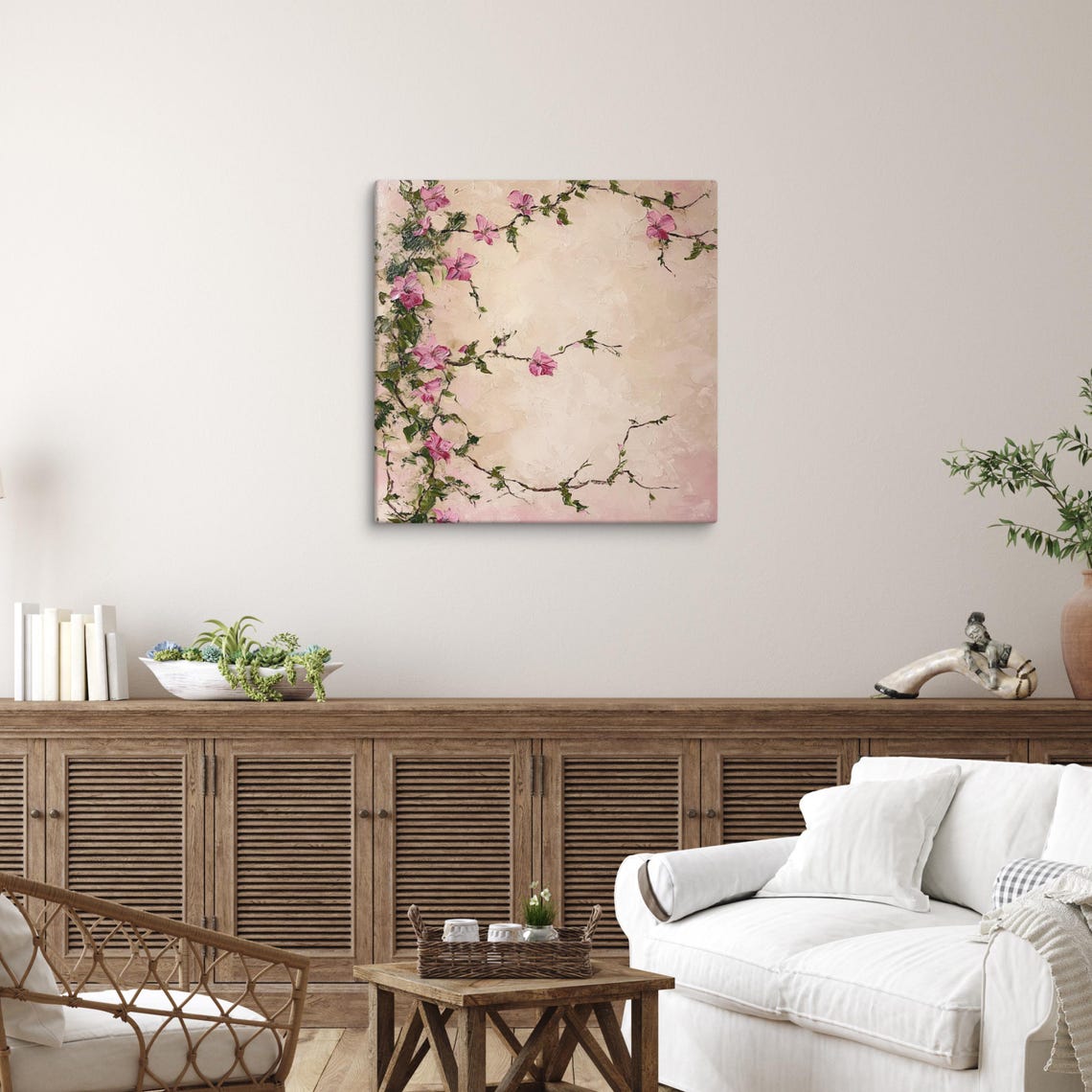 Pink Flowering Vine Branches Textured Beige Botanical Art Poster - Image 5