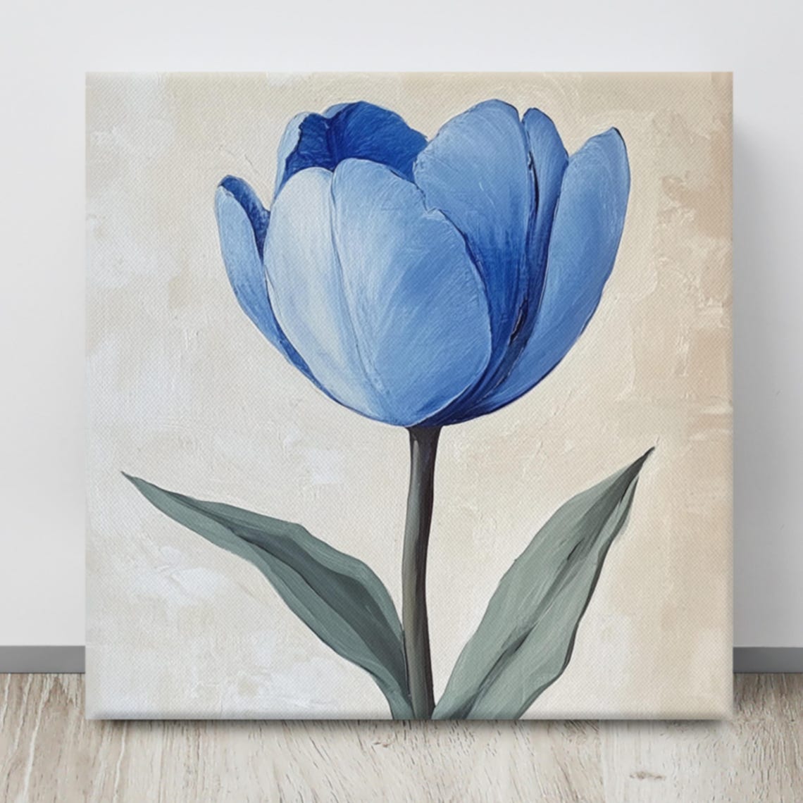 Blue Tulip Single Bloom Gray Leaves Cream Botanical Painting Print - Image 4