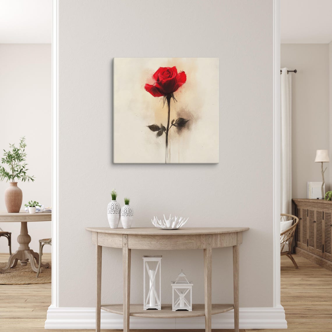 Red Rose Tall Stem Minimalist Watercolor Cream Elegant Romantic Poster - Image 3