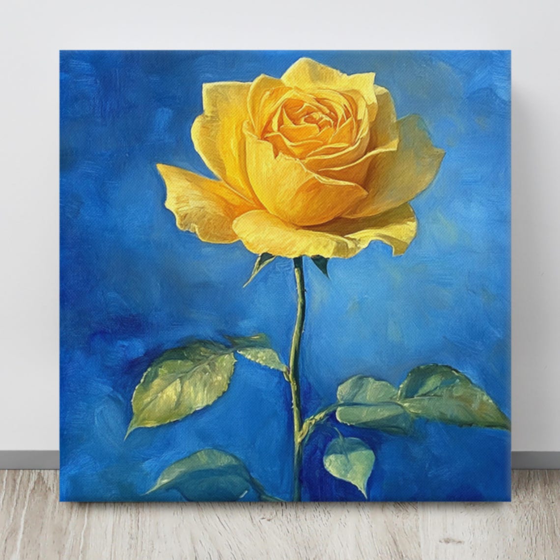Yellow Rose Single Bloom Cobalt Blue Background Floral Wall Art - Image 4