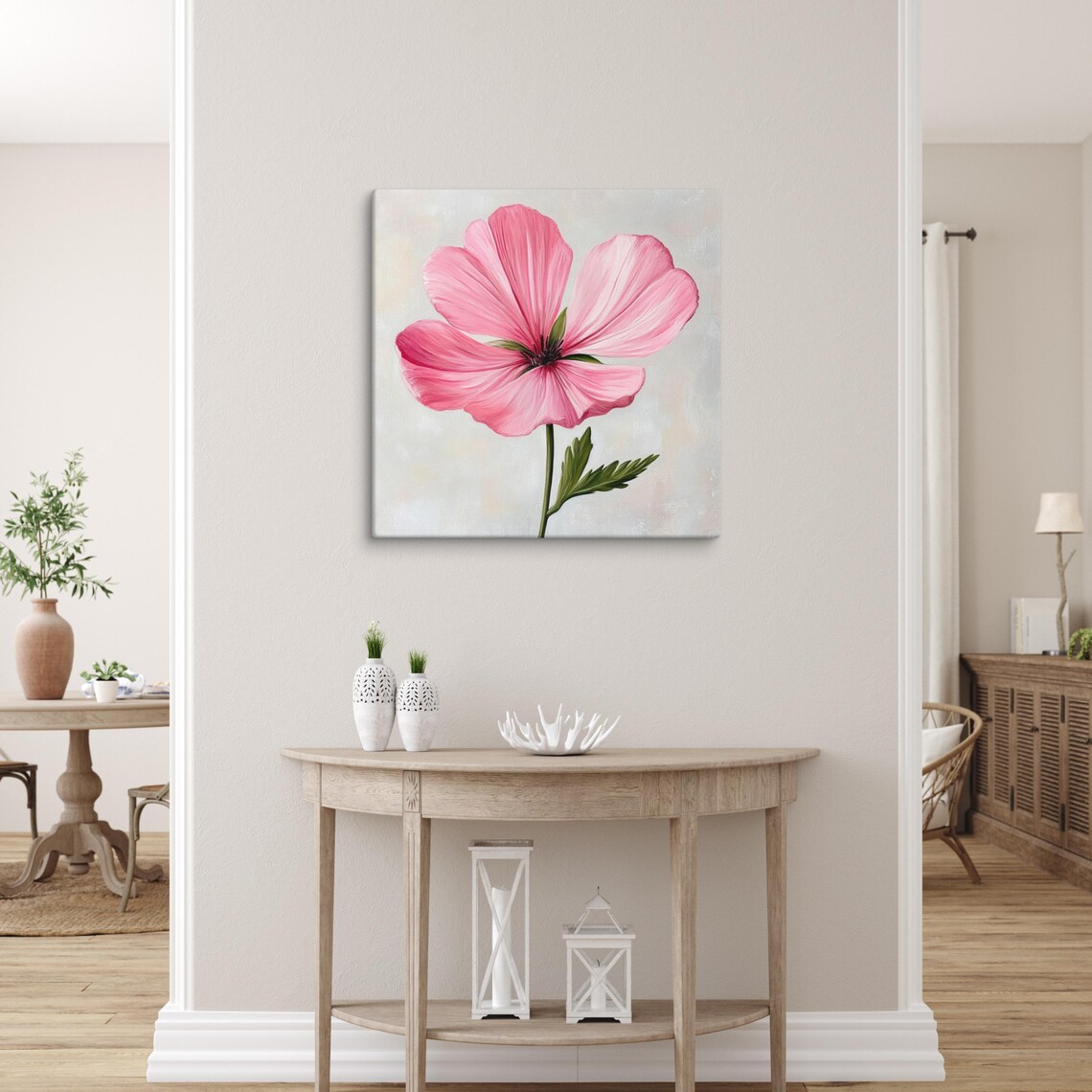 Pink Godetia Single Bloom Minimalist Fresh Floral Painting Print - Image 4