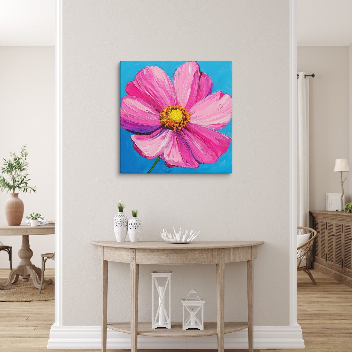 Bright Pink Cosmos Flower Blue Background Impasto Print Poster - Image 5