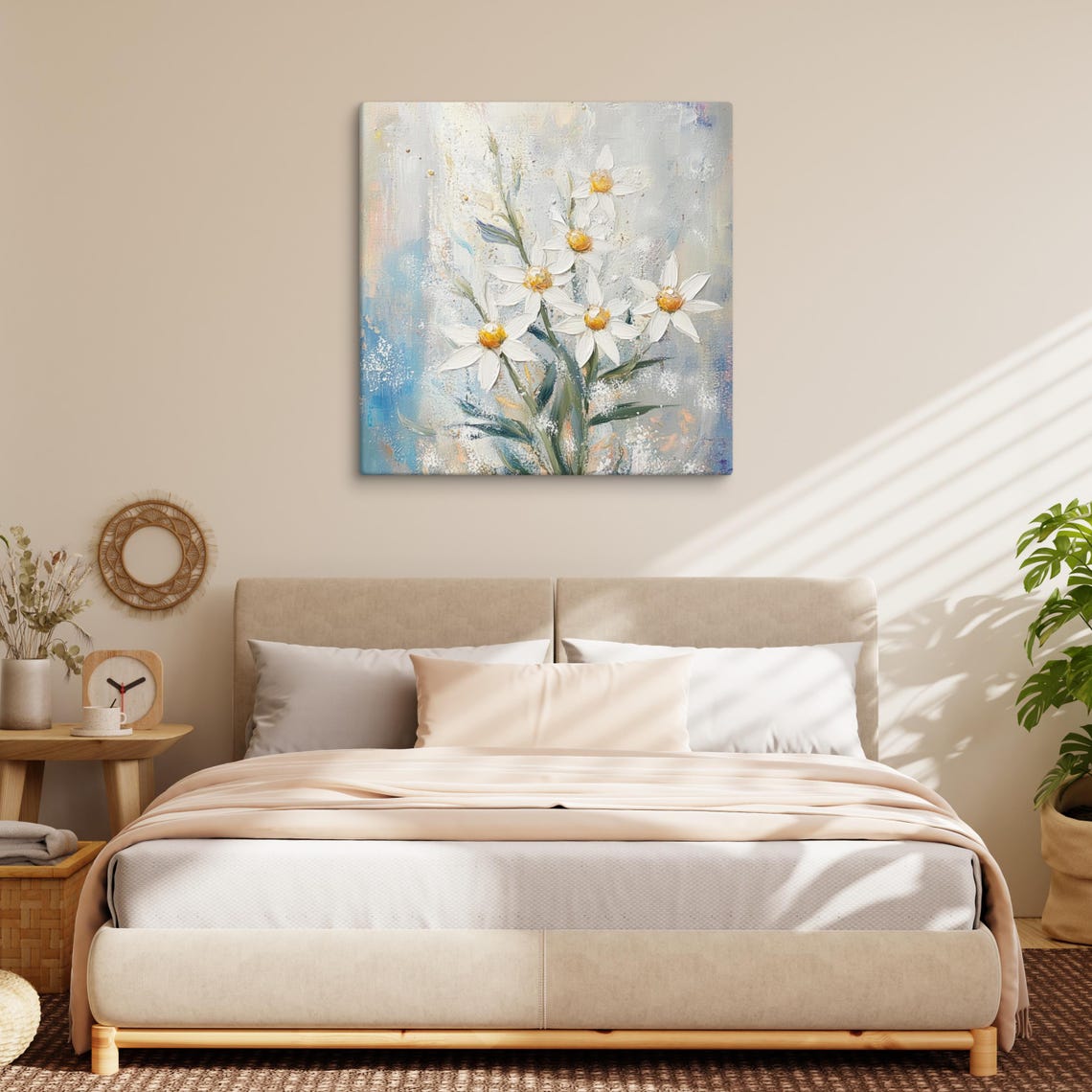 White Daisies Yellow Centers Soft Blue Abstract Floral Poster - Image 2