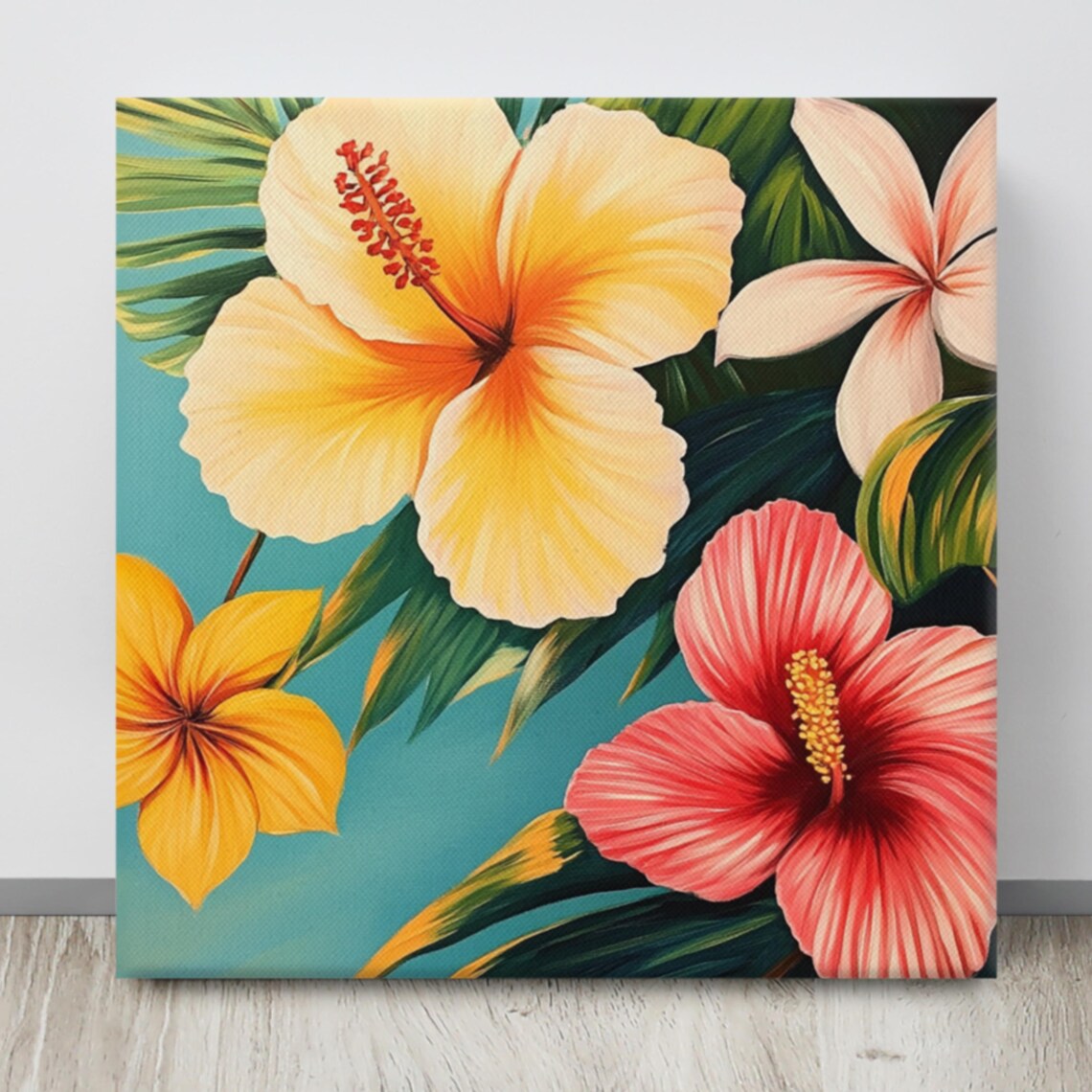 Tropical Hibiscus Golden Yellow Coral Blooms Turquoise Wall Art Poster - Image 4