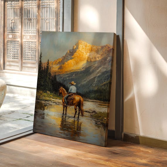 Cowboy Mountain Landscape Print Western Horseback Art Rustic Nature Wall Decor Sunset Wilderness Painting
