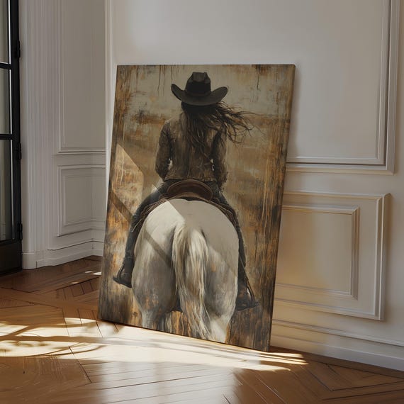 Western Cowgirl Horseback Art Rustic Equestrian Wall Decor Female Rider Painting Country Ranch Home Style Rodeo Western Print