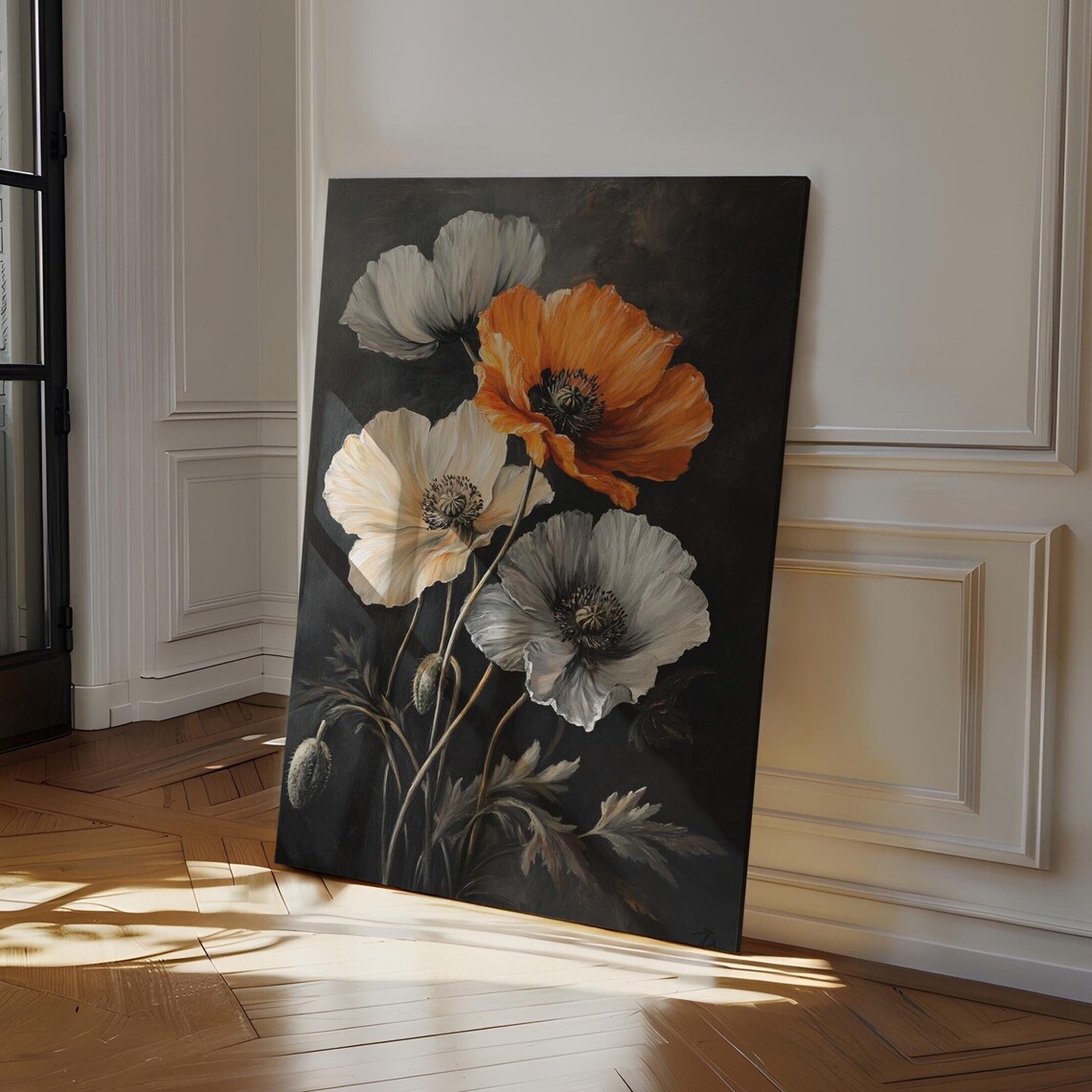 Dark Botanical Poppy Flower Painting Orange White Moody Wall Art Print
