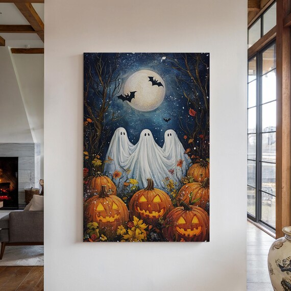 Three Cute Ghosts With Jack O Lanterns Full Moon Halloween Poster