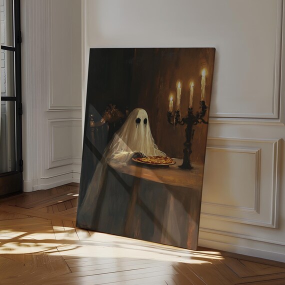 Ghost Eating Pizza Candlelight Gothic Halloween Spooky Dining Art Poster
