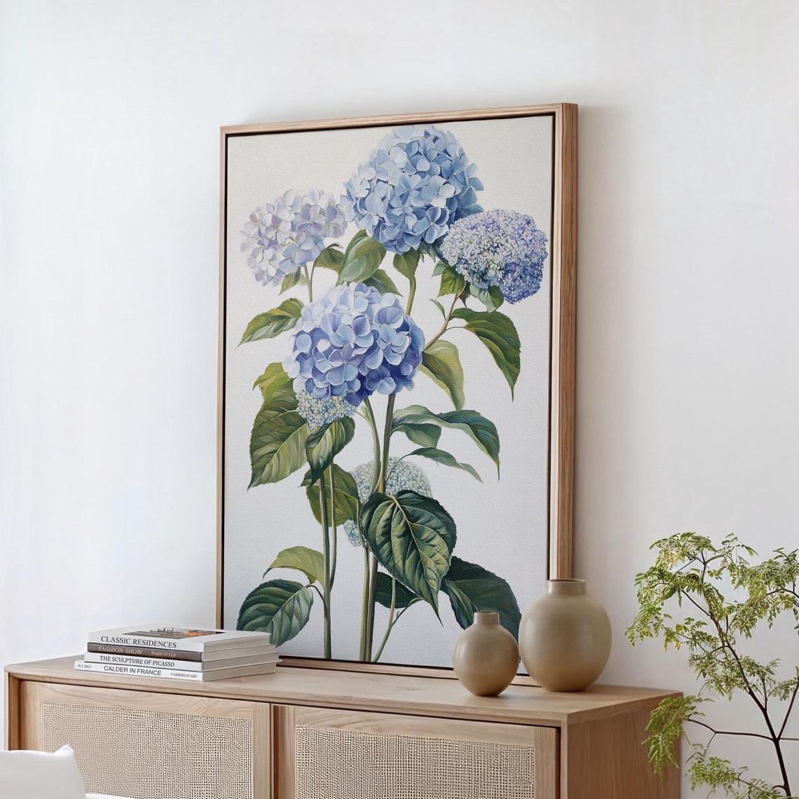 Blue Hydrangeas Green Leaves Elegant Botanical Garden Floral Poster