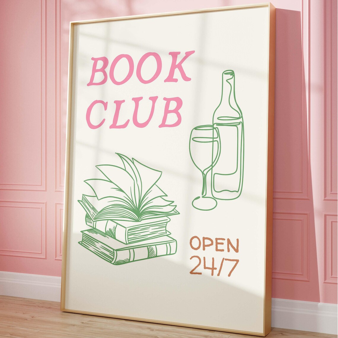Pink and Green Line Art Book Club Open 24/7 Wine Reader Poster - Image 5