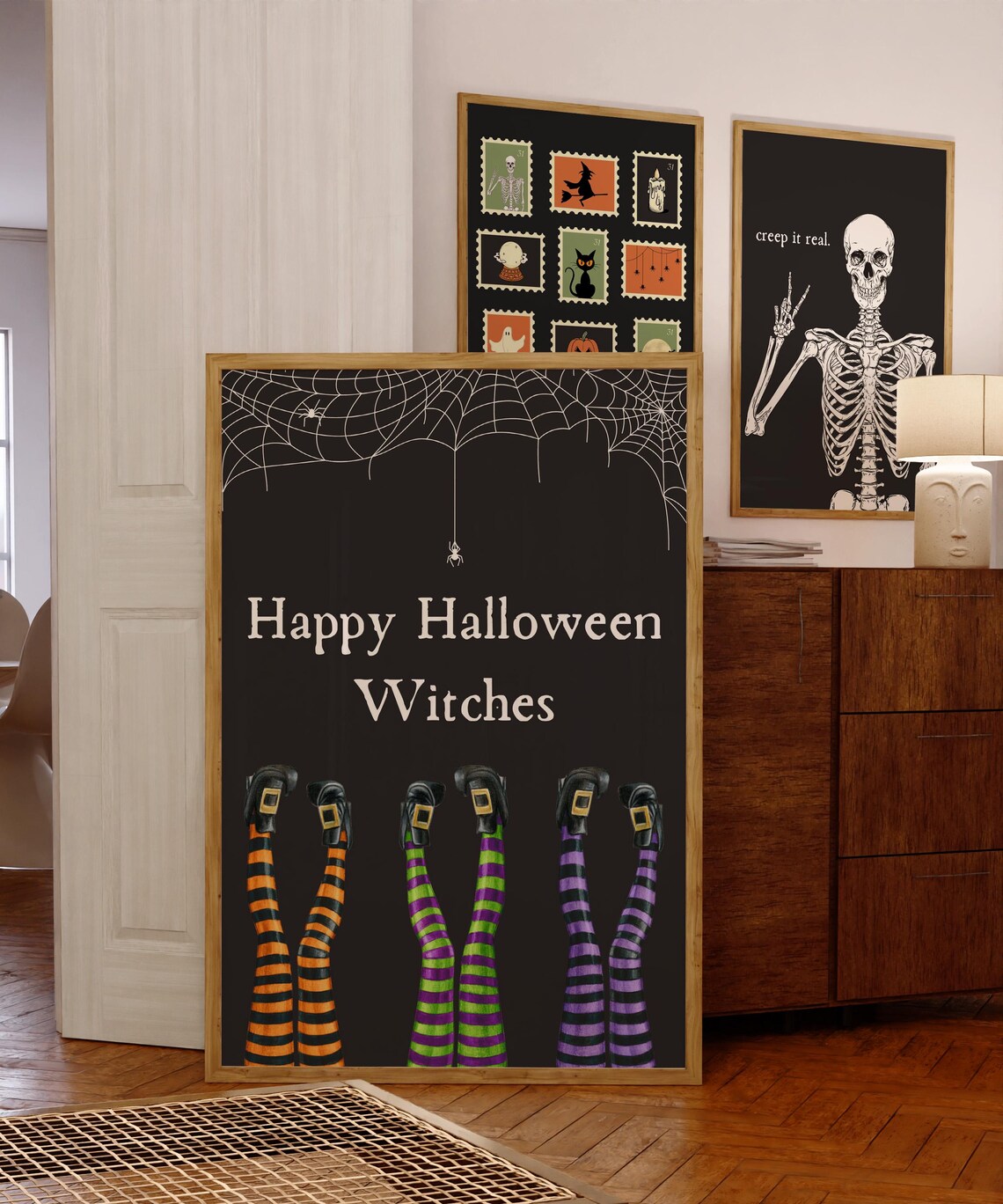Happy Halloween Witches Legs with Striped Stockings Spiderweb Poster - Image 5