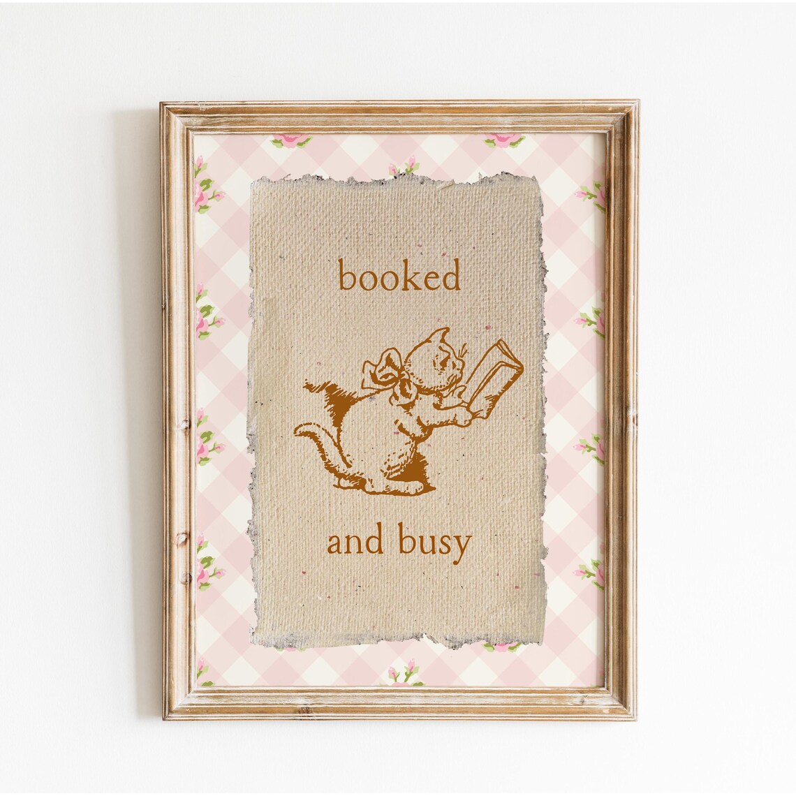 Booked and Busy Vintage Kitten Reading Gingham Border Poster - Image 4