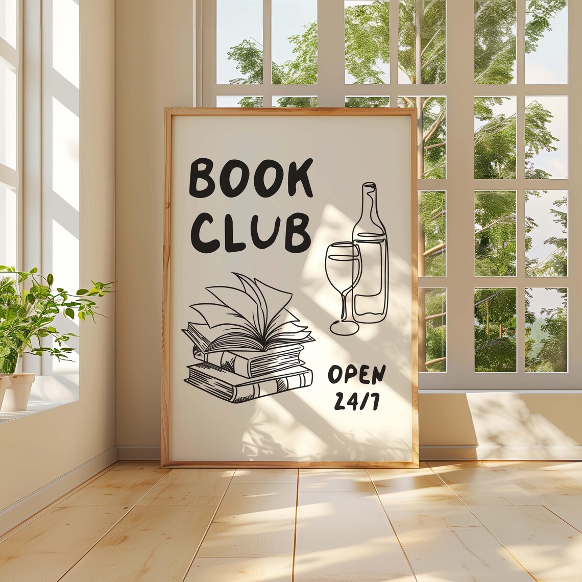 Black Line Art Book Club Open 24/7 Wine Glass Reader Decor Poster - Image 5
