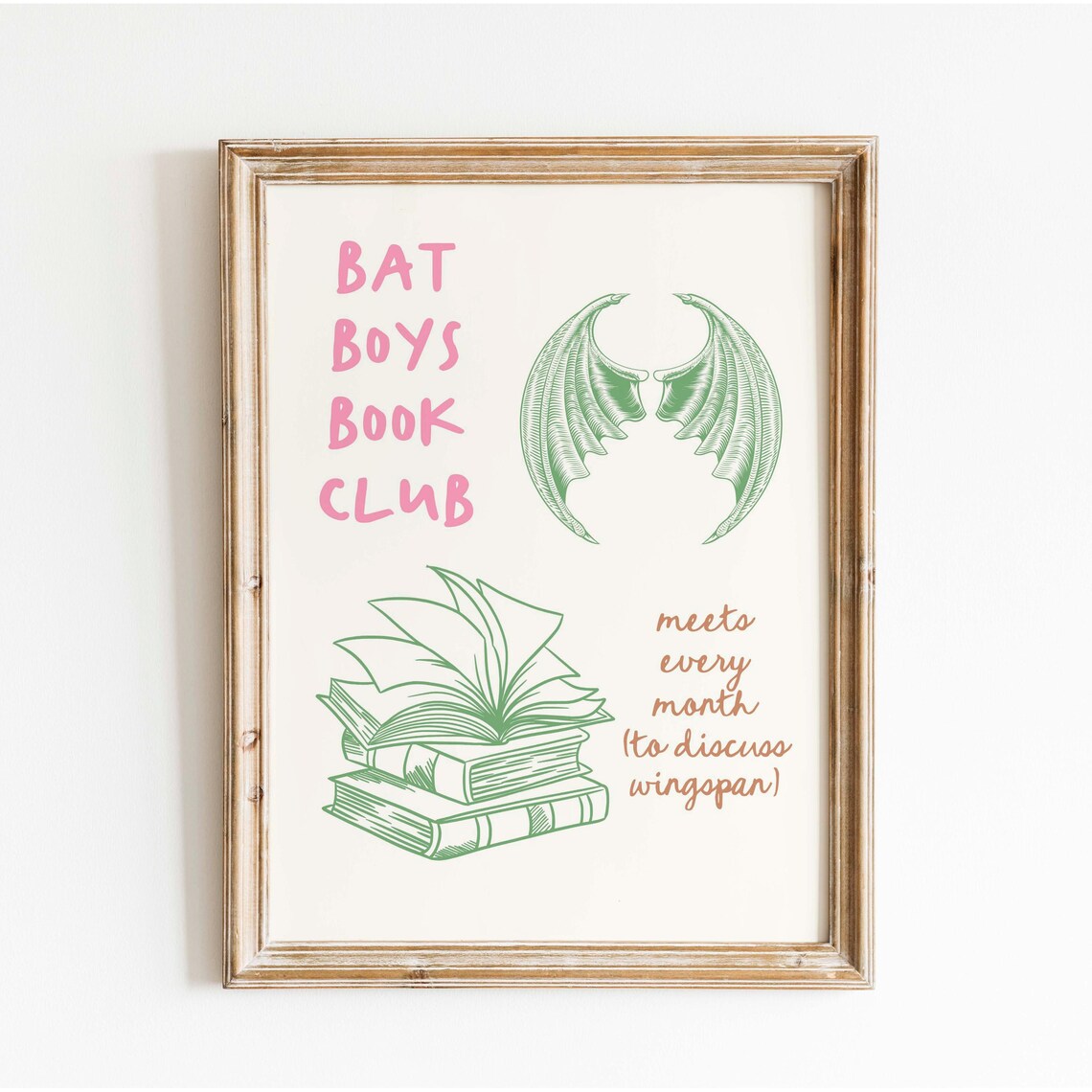 Bat Boys Book Club Pink Lettering Green Wings Book Art Poster - Image 2