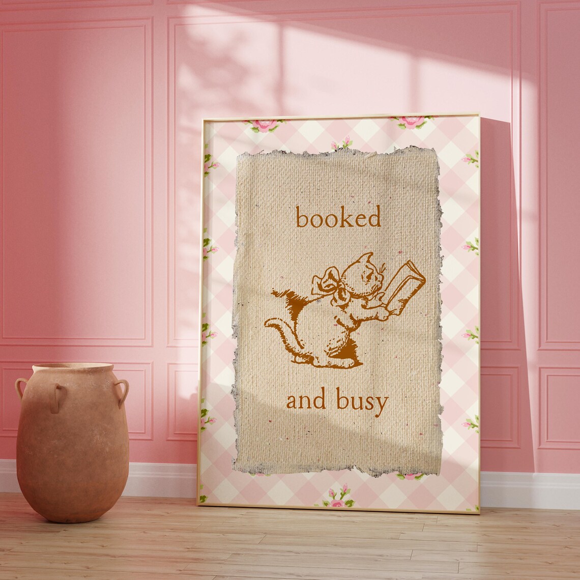 Booked and Busy Vintage Kitten Reading Gingham Border Poster - Image 3