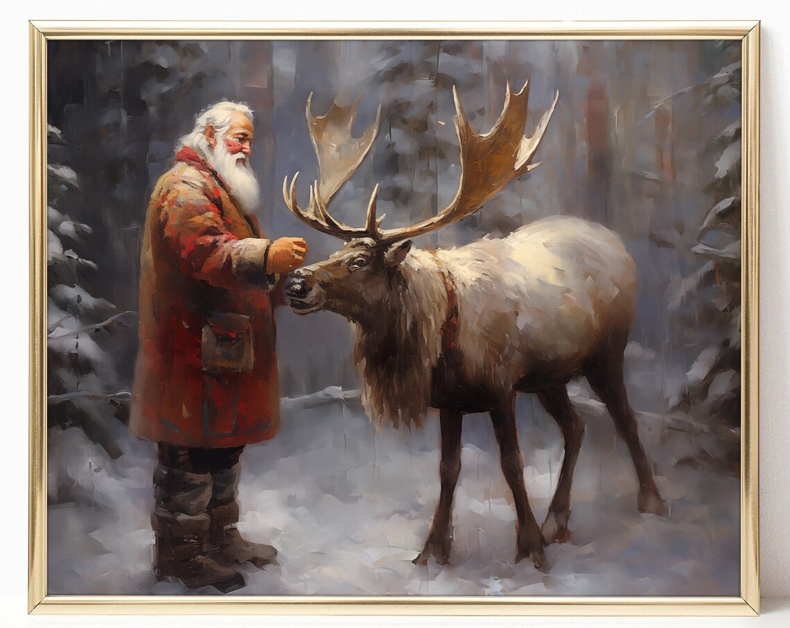 Santa Claus Feeding Reindeer Snowy Forest Vintage Oil Painting Print