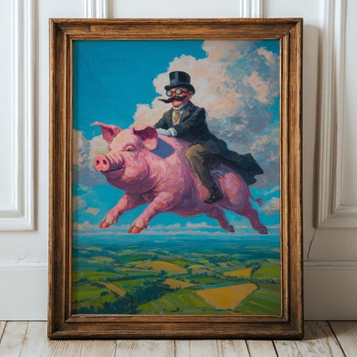 Gentleman Riding Flying Pig Vintage Surreal Fantasy Whimsical Art Poster