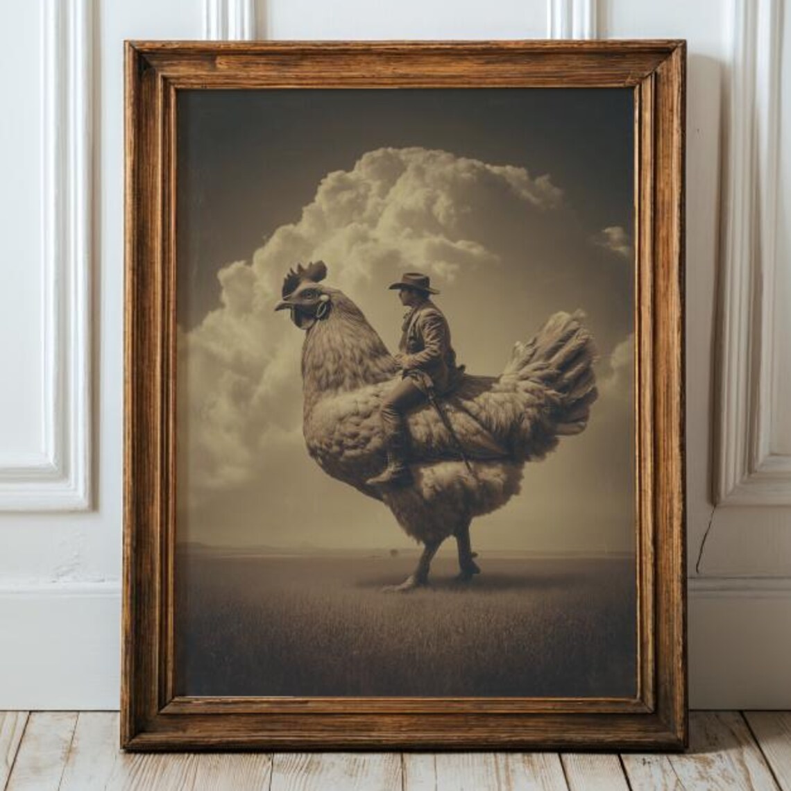 Surreal Western Fantasy Chicken Rider Retro Art Print
