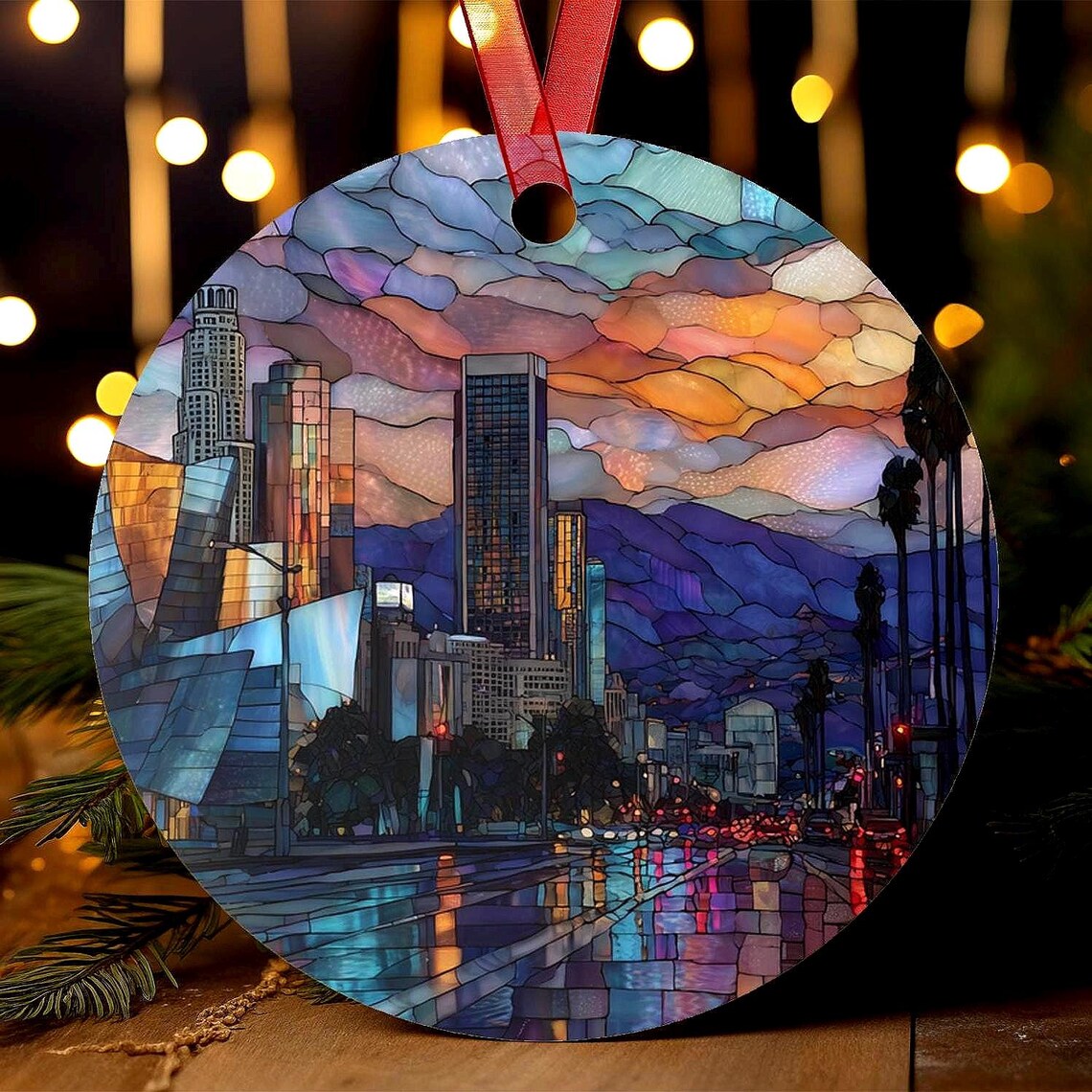 Los Angeles Stained Glass Style Ornament Travel Poster