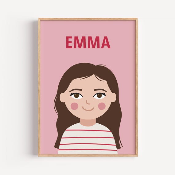 Personalized Portrait Girl Brown Hair Illustration Wall Art Poster For Kids Nursery Playroom Birthday Gift