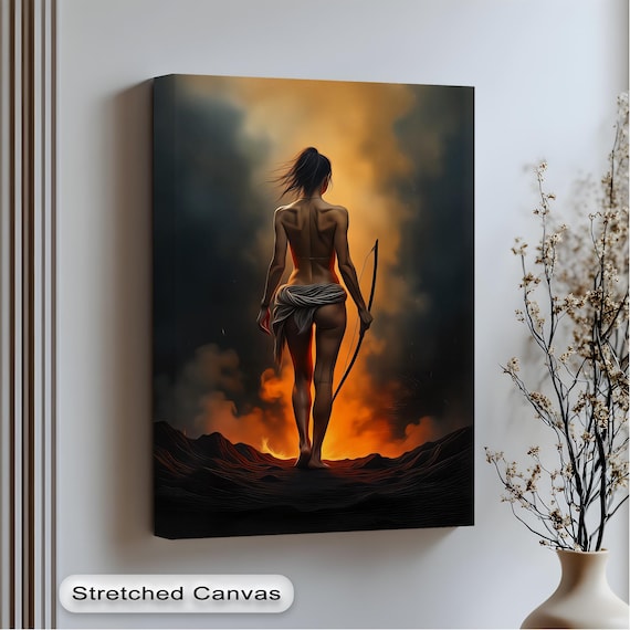 Female Archer Warrior Walking Into Fiery Sunset Fantasy Canvas Poster