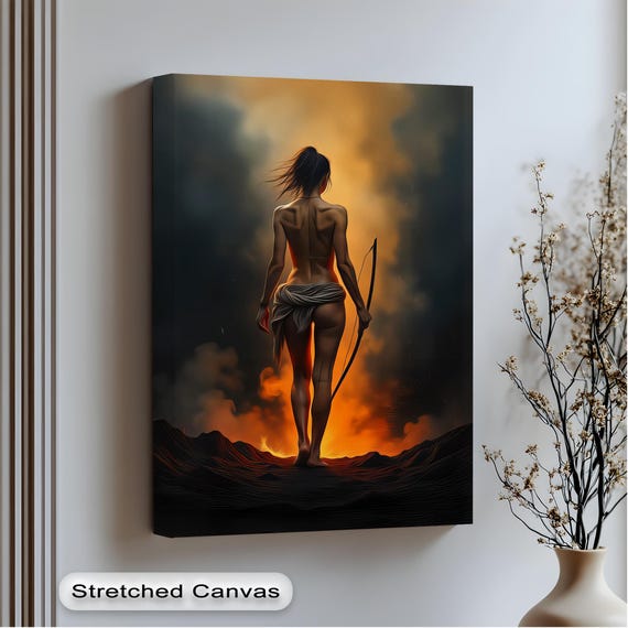 Female Warrior Canvas Print Firelight Archer Art In Black Frame