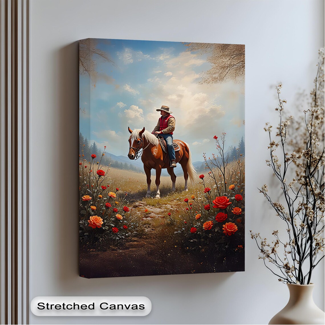 Cowboy Riding Chestnut Horse Rose Field Western Landscape Poster