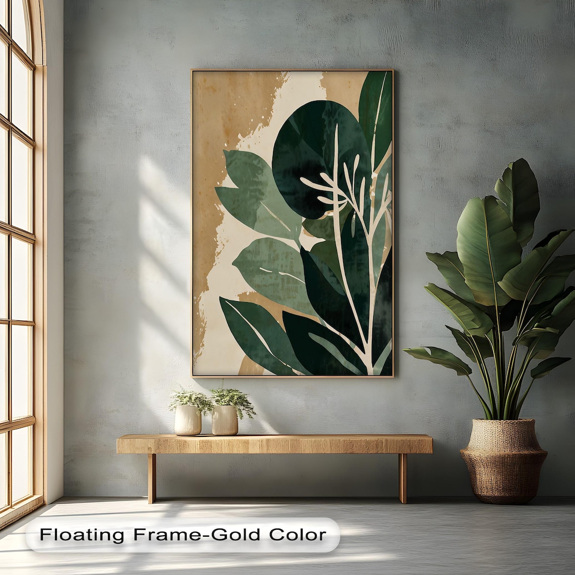 Dark Green Abstract Leaf Botanical Gold Beige Modern Nature Art Poster