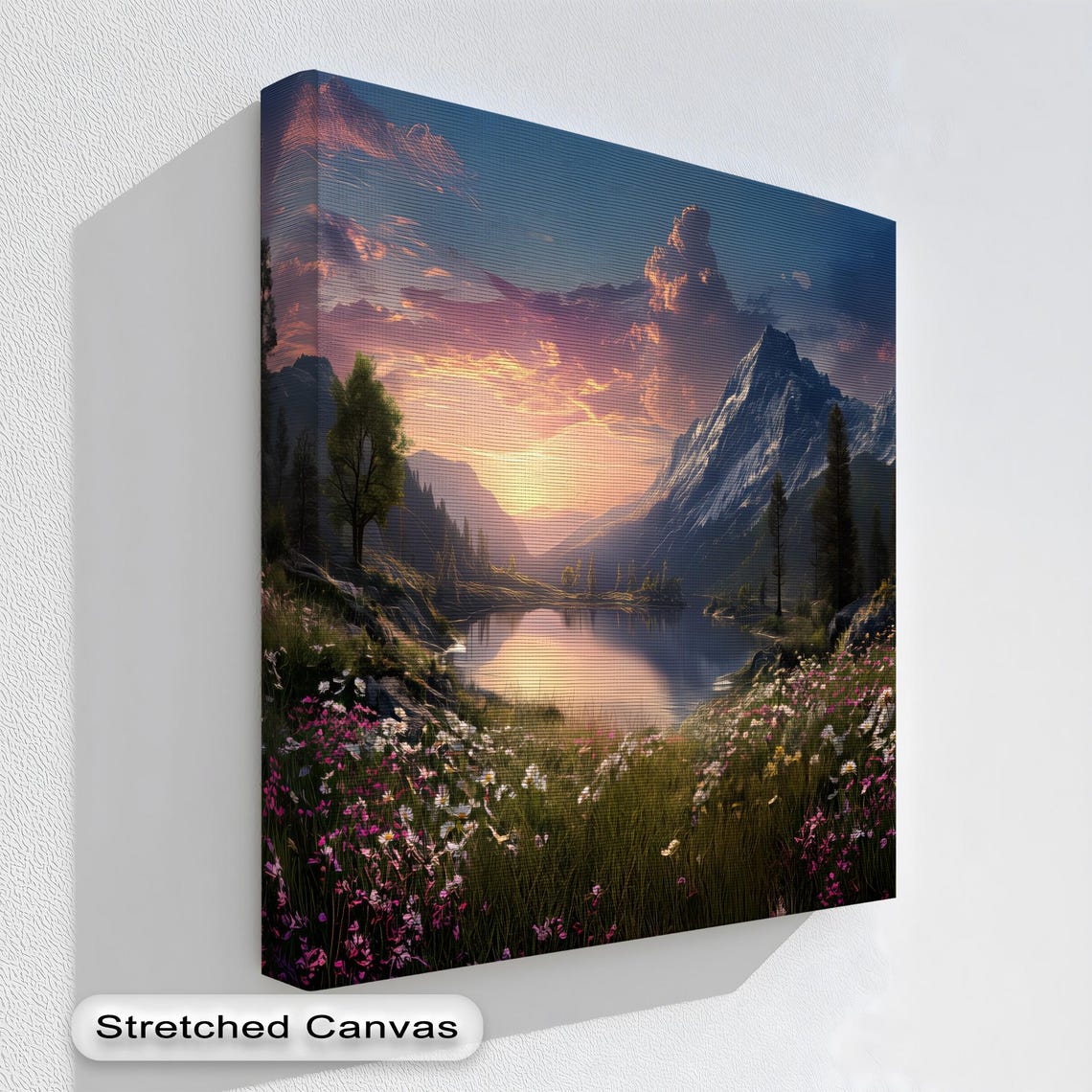 Sunset Lake Canvas Wall Art Mountain Landscape With Wildflowers
