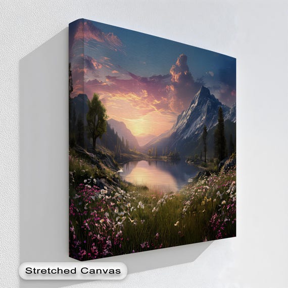 Sunset Lake Canvas Wall Art Mountain Landscape With Wildflowers