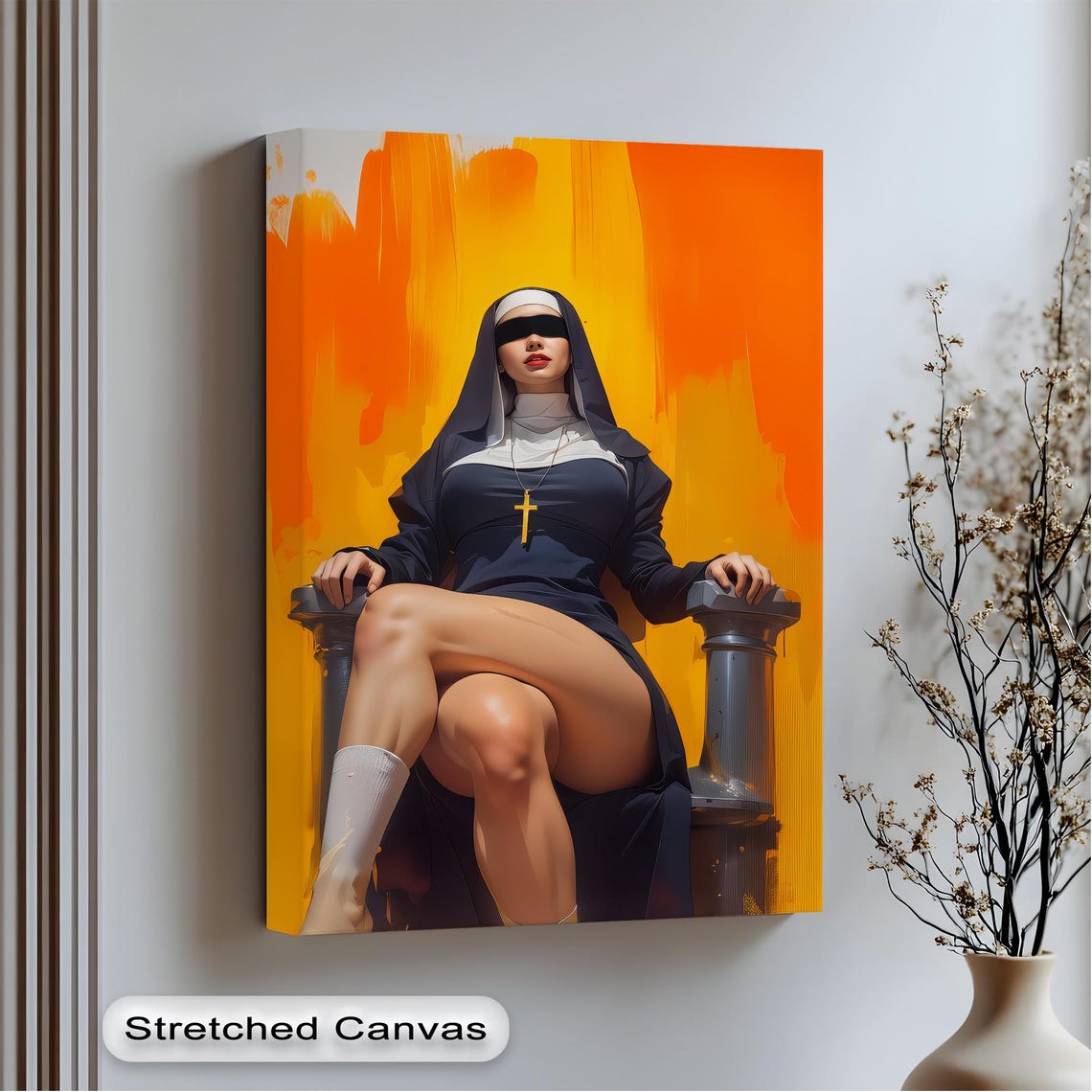 Bold Pop Art Nun Blindfold Orange Background Statement Canvas Poster